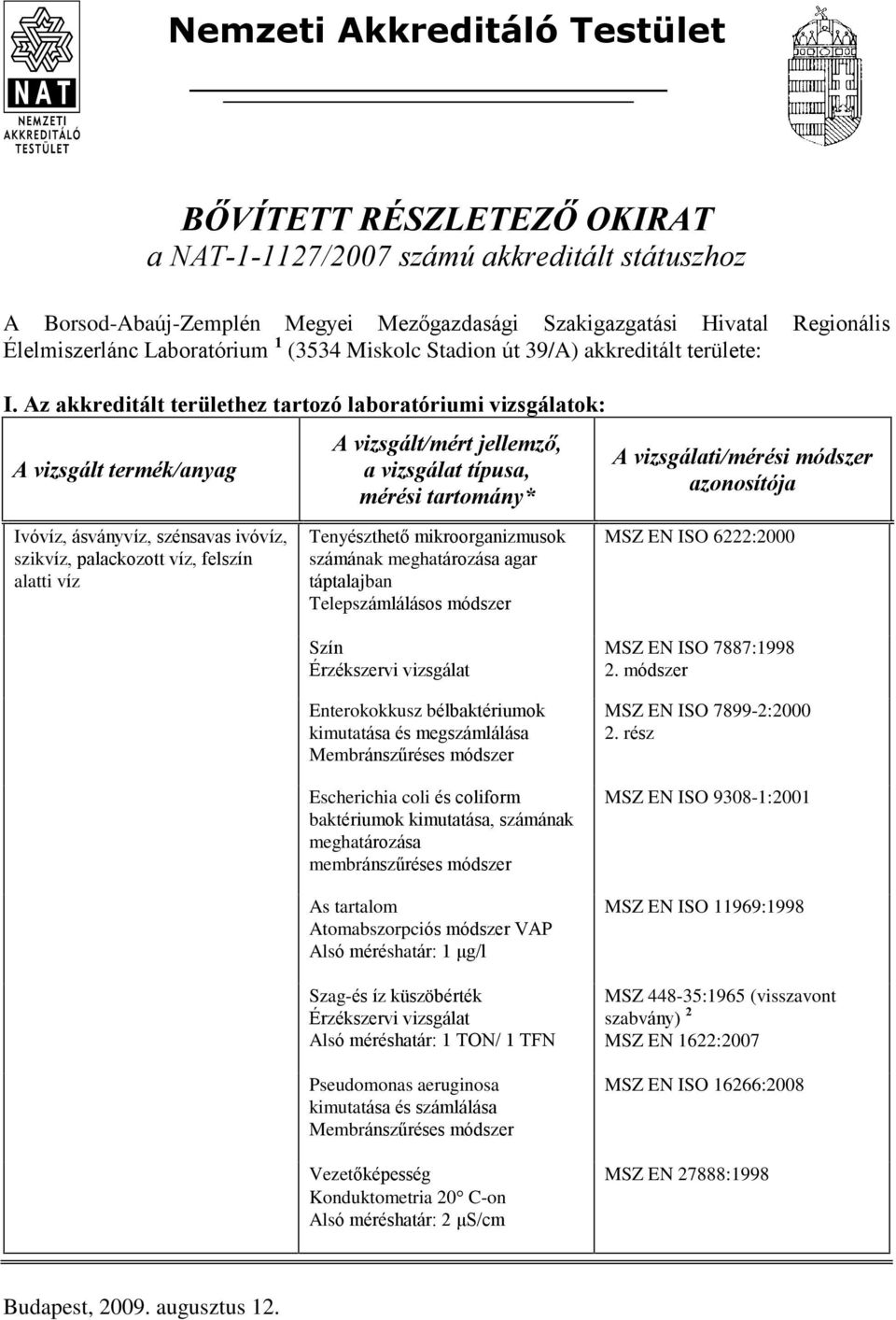 Az akkreditált területhez tartozó laboratóriumi vizsgálatok: Ivóvíz, ásványvíz, szénsavas ivóvíz, szikvíz, palackozott víz, felszín alatti víz Tenyészthetõ mikroorganizmusok számának meghatározása