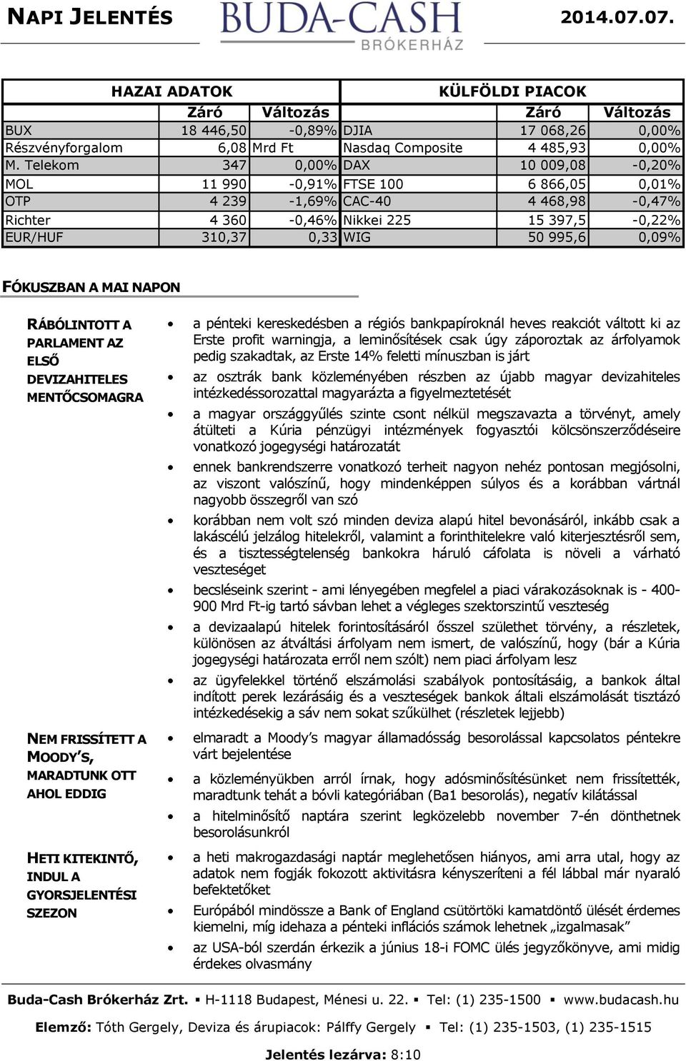 0,09% FÓKUSZBAN A MAI NAPON RÁBÓLINTOTT A PARLAMENT AZ ELSŐ DEVIZAHITELES MENTŐCSOMAGRA NEM FRISSÍTETT A MOODY S, MARADTUNK OTT AHOL EDDIG HETI KITEKINTŐ, INDUL A GYORSJELENTÉSI SZEZON a pénteki