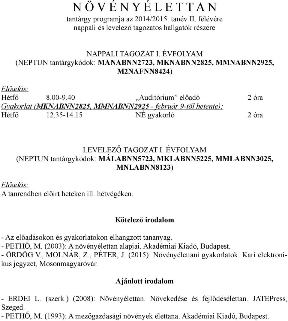 3514.15 NÉ gyakorló 2 óra LEVELEZŐ TAGOZAT I. ÉVFOLYAM (NEPTUN tantárgykódok: MÁLABNN5723, MKLABNN5225, MMLABNN3025, MNLABNN8123) Előadás: A tanrendben előírt heteken ill. hétvégéken.