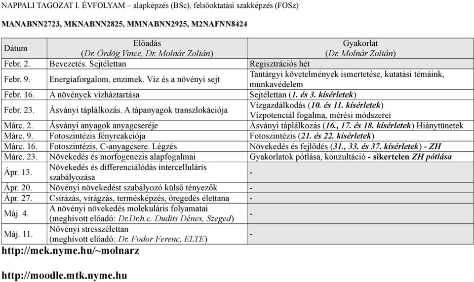 A növények vízháztartása Sejtélettan (1. és 3. kísérletek) Febr. 23. Ásványi táplálkozás. A tápanyagok transzlokációja Vízgazdálkodás (10. és 11.