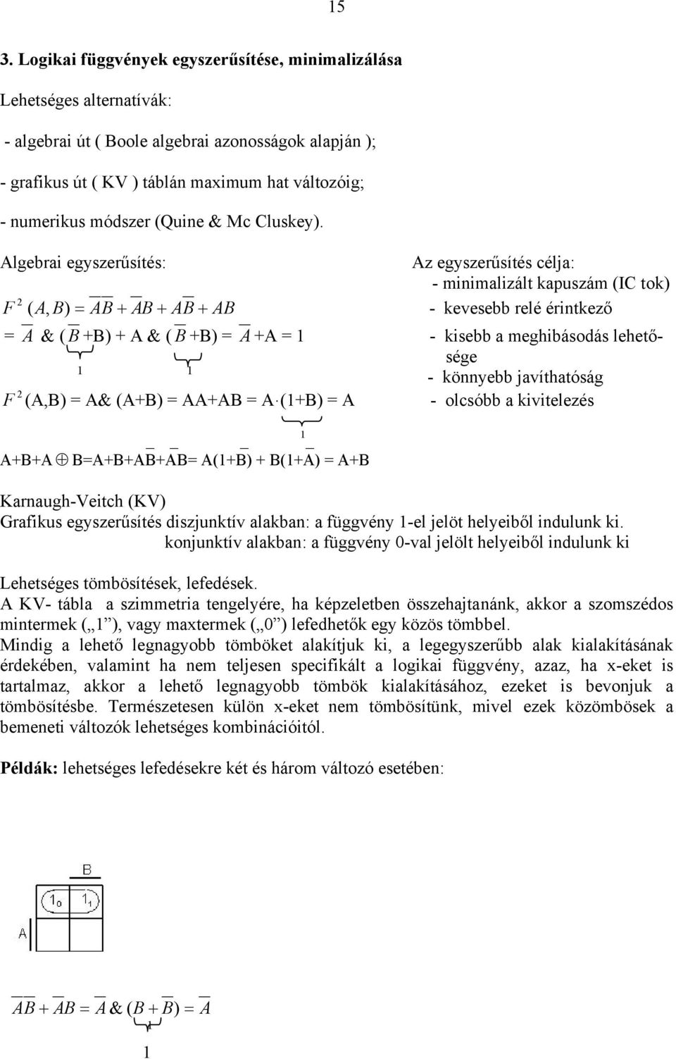 Algebrai egyszerűsítés: Az egyszerűsítés célja: - minimalizált kapuszám (IC tok) 2 F ( A, B) = AB + AB + AB + AB - kevesebb relé érintkező = A & ( B +B) + A & ( B +B) = A +A = 1 - kisebb a