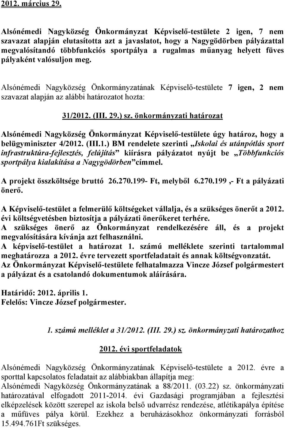 műanyag helyett füves pályaként valósuljon meg. Alsónémedi Nagyközség Önkormányzatának Képviselő-testülete 7 igen, 2 nem szavazat 31/2012. (III. 29.) sz.