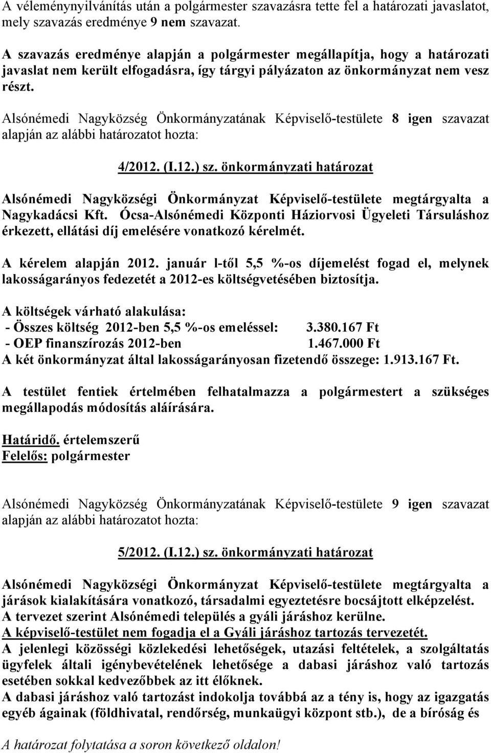 Alsónémedi Nagyközség Önkormányzatának Képviselő-testülete 8 igen szavazat 4/2012. (I.12.) sz.