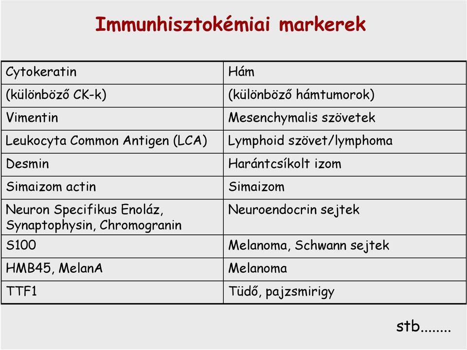 MelanA TTF1 Hám (különböző hámtumorok) Mesenchymalis szövetek Lymphoid szövet/lymphoma