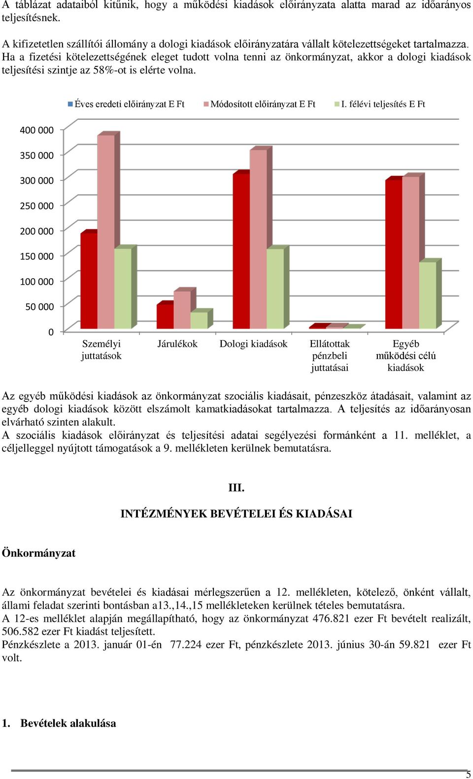 félévi teljesítés E Ft 400 000 350 000 300 000 250 000 200 000 150 000 100 000 50 000 0 Személyi juttatások Járulékok Dologi kiadások Ellátottak pénzbeli juttatásai Egyéb működési célú kiadások Az