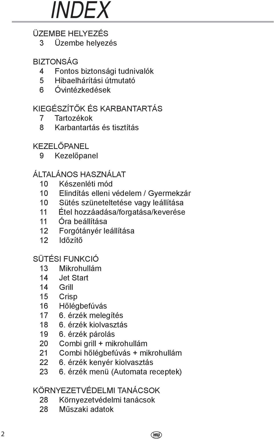 beállítása 12 Forgótányér leállítása 12 Időzítő SÜTÉSI FUNKCIÓ 13 Mikrohullám 14 Jet Start 14 Grill 15 Crisp 16 Hőlégbefúvás 17 6. érzék melegítés 18 6. érzék kiolvasztás 19 6.