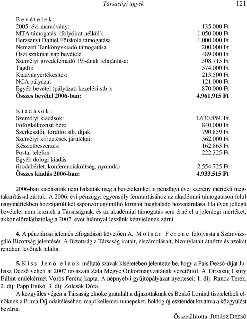 000 Ft Egyéb bevétel (pályázati kezelési stb.): 870.000 Ft Összes bevétel 2006-ban: 4.961.915 Ft K i a d á s o k : Személyi kiadások: Fıfoglalkozású bére: Szerkesztıi, fordítói stb.