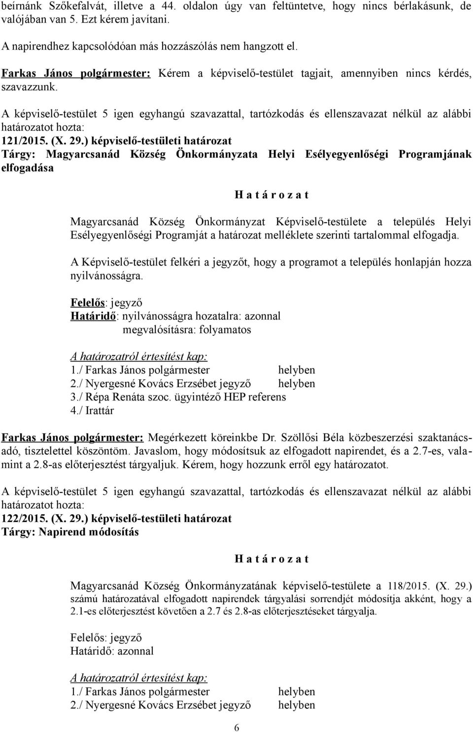 A képviselő-testület 5 igen egyhangú szavazattal, tartózkodás és ellenszavazat nélkül az alábbi 121/2015. (X. 29.