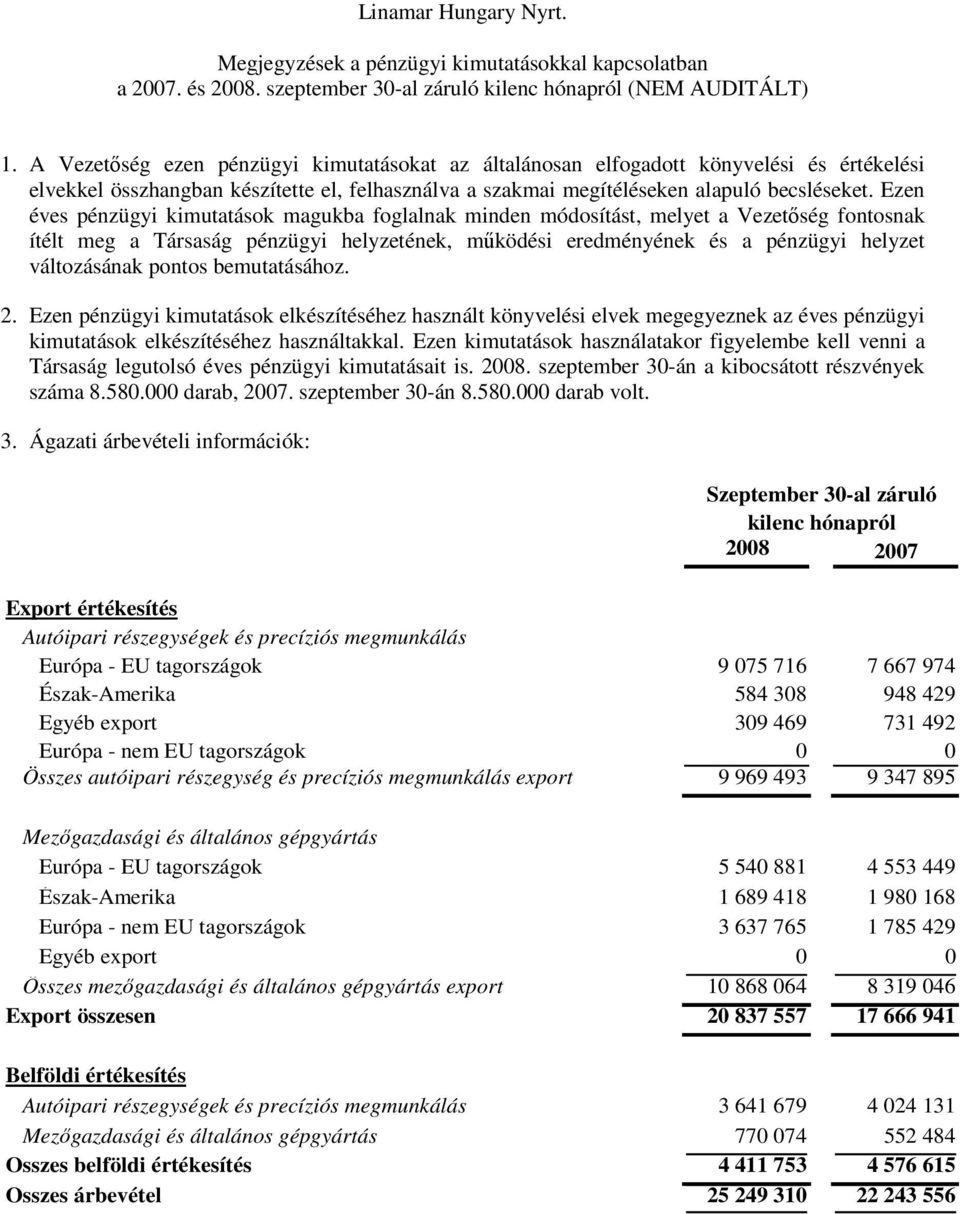 Ezen éves pénzügyi kimutatások magukba foglalnak minden módosítást, melyet a Vezetőség fontosnak ítélt meg a Társaság pénzügyi helyzetének, működési eredményének és a pénzügyi helyzet változásának