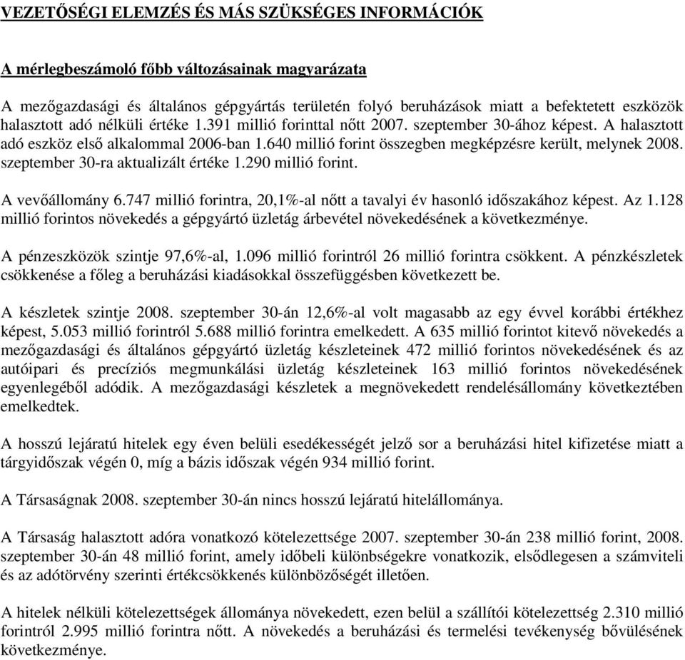 640 millió forint összegben megképzésre került, melynek 2008. szeptember 30-ra aktualizált értéke 1.290 millió forint. A vevőállomány 6.