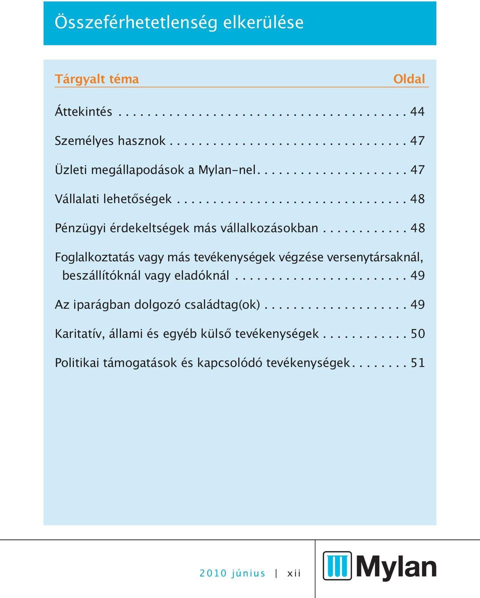 ........... 48 Foglalkoztatás vagy más tevékenységek végzése versenytársaknál, beszállítóknál vagy eladóknál........................ 49 Az iparágban dolgozó családtag(ok).