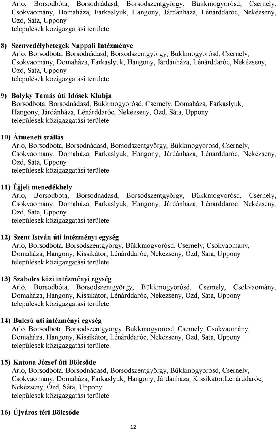 Nekézseny, Ózd, Sáta, Uppony települések közigazgatási területe 10) Átmeneti szállás  területe 11) Éjjeli menedékhely  területe 12) Szent István úti intézményi egység Arló, Borsodbóta,