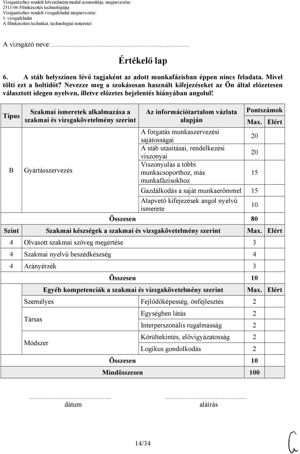 Típus B Szakmai ismeretek alkalmazása a szakmai és vizsgakövetelmény szerint Az információtartalom vázlata alapján Pontszámok A forgatás munkaszervezési sajátosságai 20 A stáb utasításai,