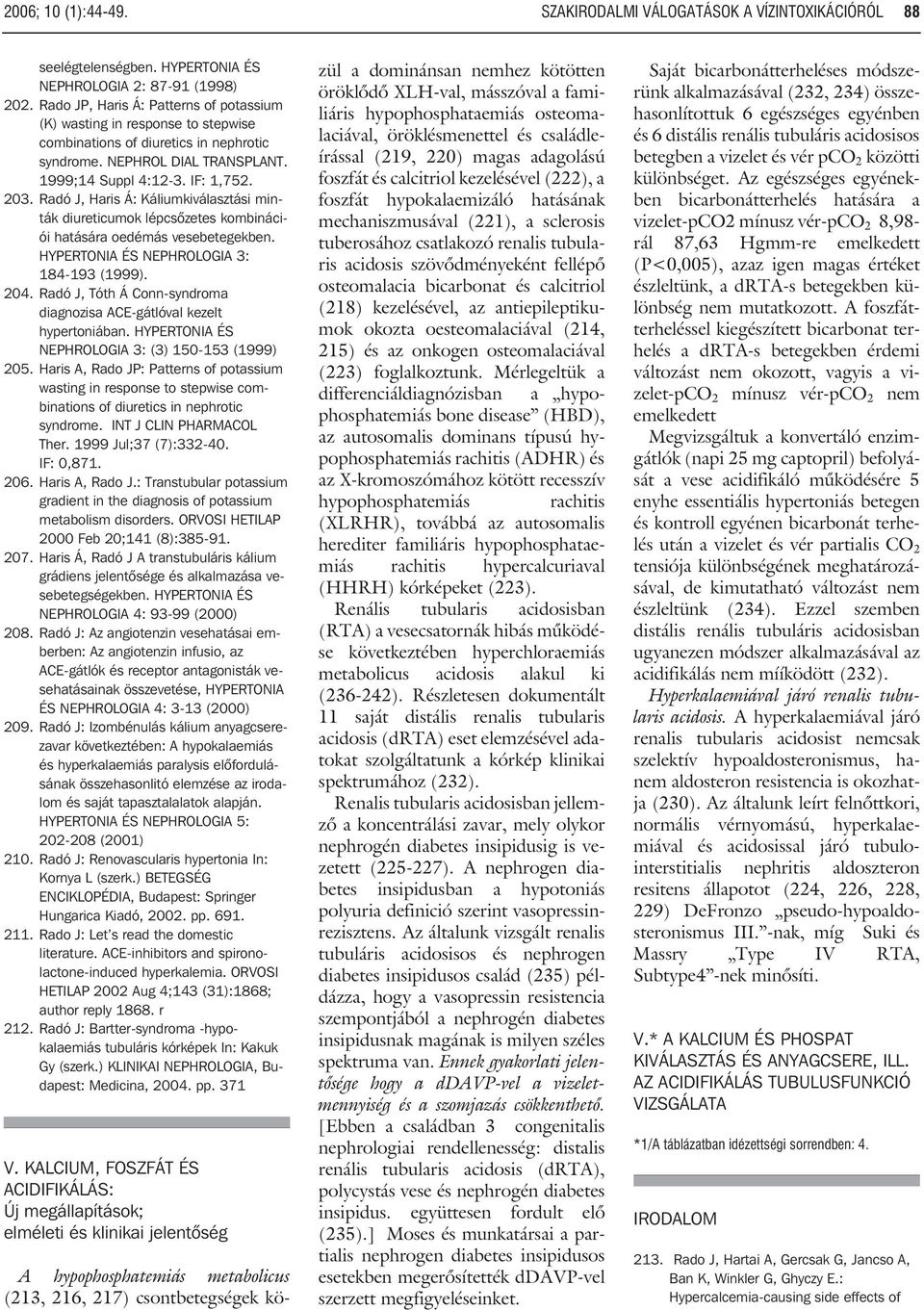 Radó J, Haris Á: Káliumkiválasztási minták diureticumok lépcsõzetes kombinációi hatására oedémás vesebetegekben. HYPERTONIA ÉS NEPHROLOGIA 3: 184-193 (1999). 204.