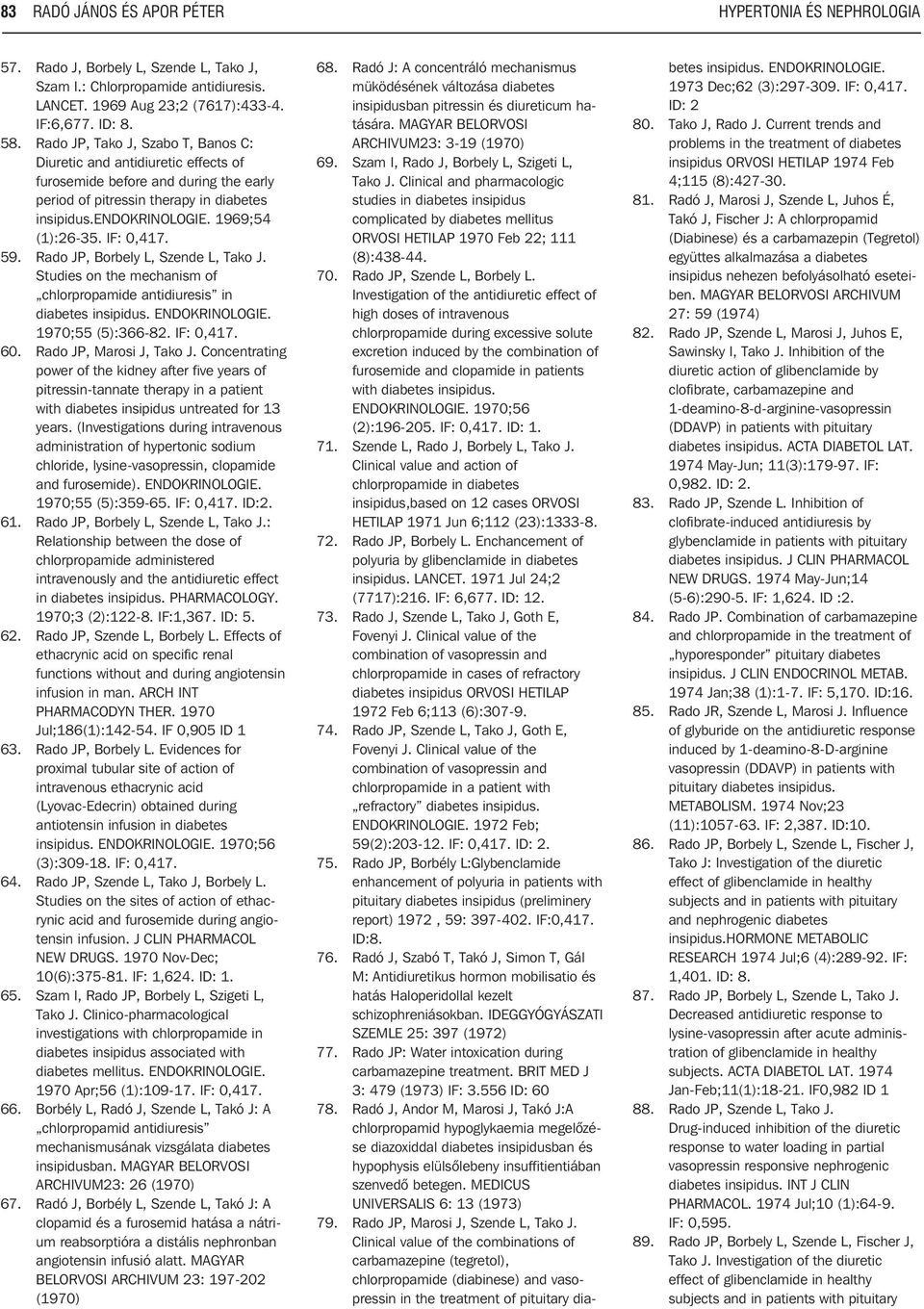 IF: 0,417. 59. Rado JP, Borbely L, Szende L, Tako J. Studies on the mechanism of chlorpropamide antidiuresis in diabetes insipidus. ENDOKRINOLOGIE. 1970;55 (5):366-82. IF: 0,417. 60.