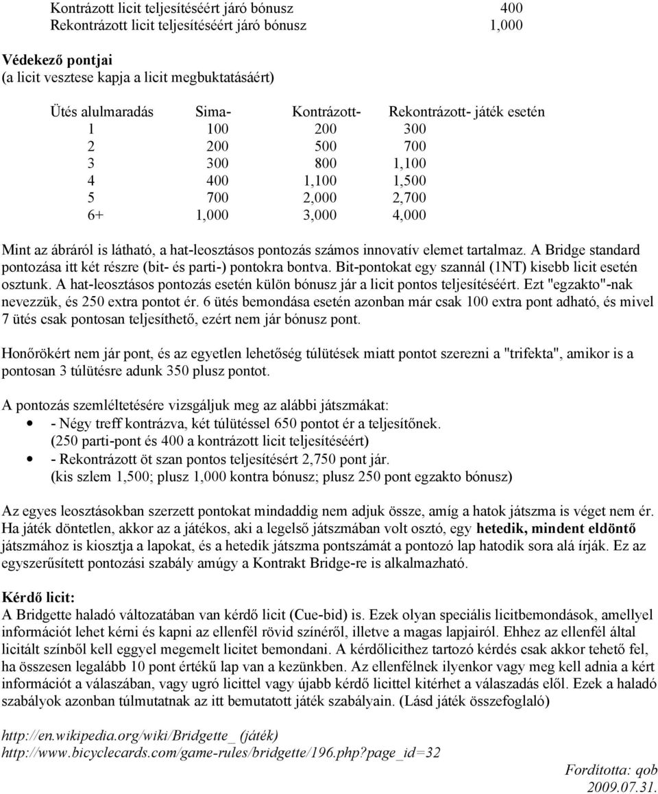 számos innovatív elemet tartalmaz. A Bridge standard pontozása itt két részre (bit- és parti-) pontokra bontva. Bit-pontokat egy szannál (1NT) kisebb licit esetén osztunk.