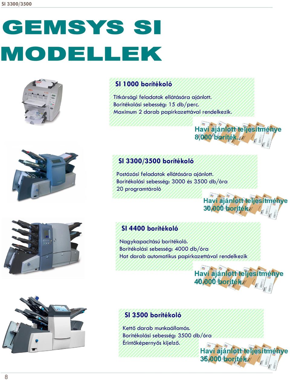 Borítékolási sebesség: 3000 és 3500 db/óra 20 programtároló SI 4400 borítékoló Nagykapacitású borítékoló.