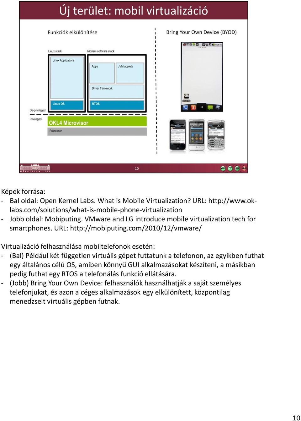 com/2010/12/vmware/ Virtualizáció felhasználása mobiltelefonok esetén: - (Bal) Például két független virtuális gépet futtatunk a telefonon, az egyikben futhat egy általános célú OS,