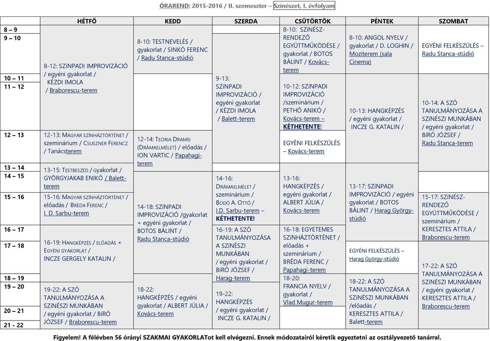 Braborescu-terem 12 13 12-13: MAGYAR SZÍNHÁZTÖRTÉNET / szeminárium / CSUSZNER FERENCZ / 13 14 13-15: TESTBESZÉD / Gyakorlat / 14 15 GYÖRGYJAKAB ENIKŐ / Balettterem 15 16 15-16: MAGYAR SZÍNHÁZTÖRTÉNET