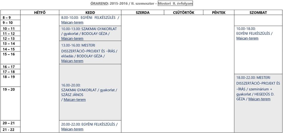00: MESTERI DISSZERTÁCIÓ-PROJEKT ÉS -ÍRÁS / előadás / BODOLAY GÉZA / 10.00-18.00: EGYÉNI FELKÉSZÜLÉS / 16 17 17 18 18 19 18.00-22.