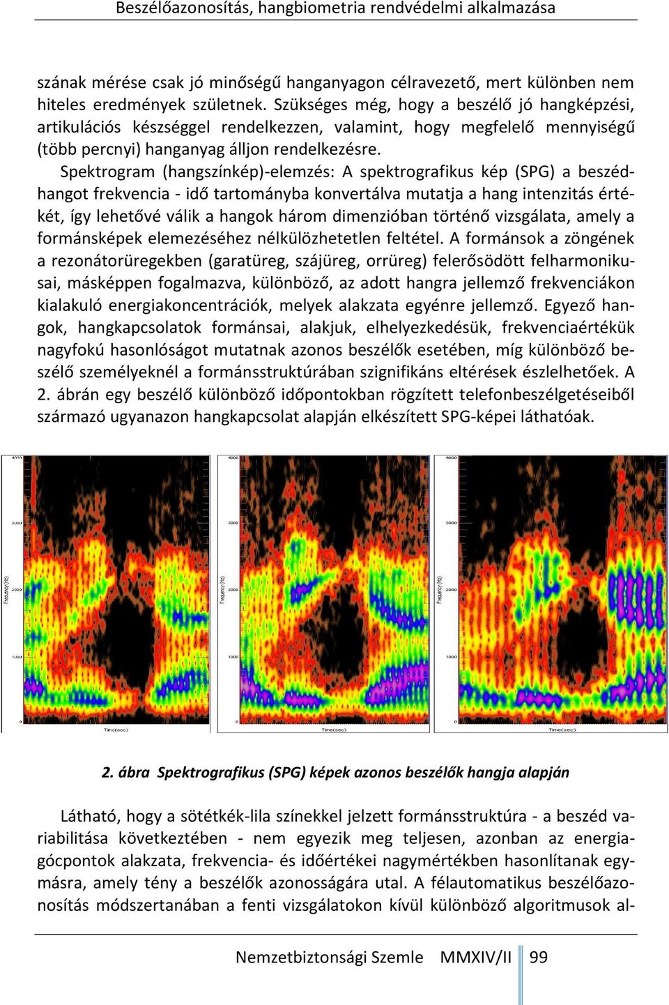Spektrogram (hangszínkép)-elemzés: A spektrografikus kép (SPG) a beszédhangot frekvencia - idő tartományba konvertálva mutatja a hang intenzitás értékét, így lehetővé válik a hangok három dimenzióban