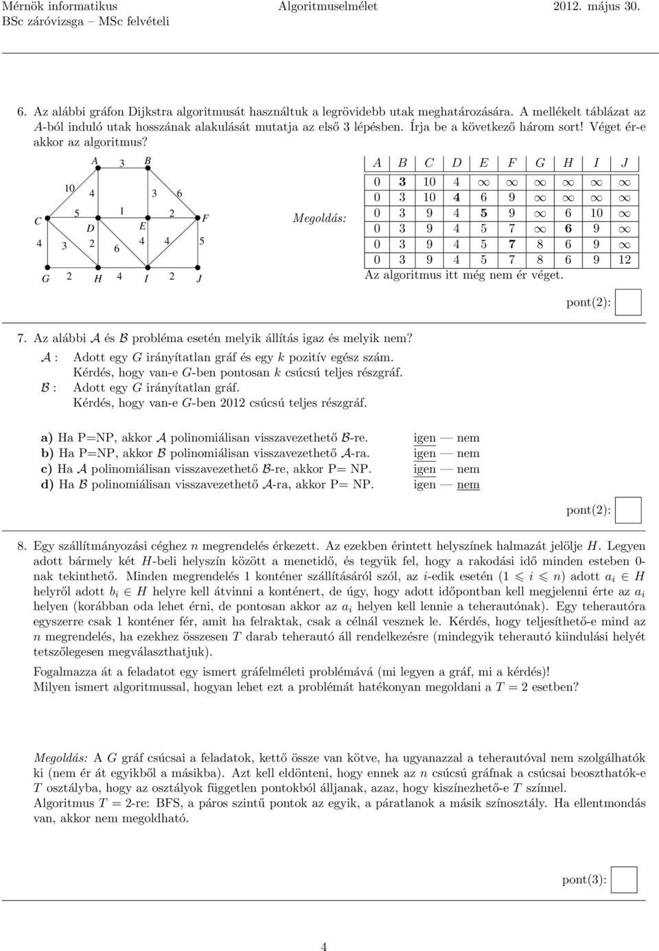 10 A 4 5 1 C D E 4 3 2 4 6 3 G 2 H 4 I 2 J B 3 4 2 6 F 5 Megoldás: A B C D E F G H I J 0 3 10 4 0 3 10 4 6 9 0 3 9 4 5 9 6 10 0 3 9 4 5 7 6 9 0 3 9 4 5 7 8 6 9 0 3 9 4 5 7 8 6 9 12 Az algoritmus itt