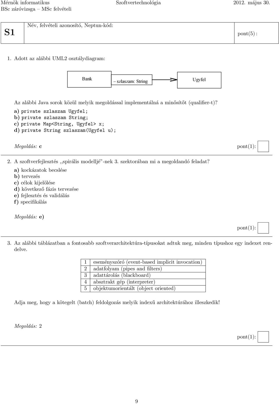 a) private szlaszam Ugyfel; b) private szlaszam String; c) private Map<String, Ugyfel> x; d) private String szlaszam(ugyfel u); Megoldás: c 2. A szoftverfejlesztés,,spirális modelljé -nek 3.