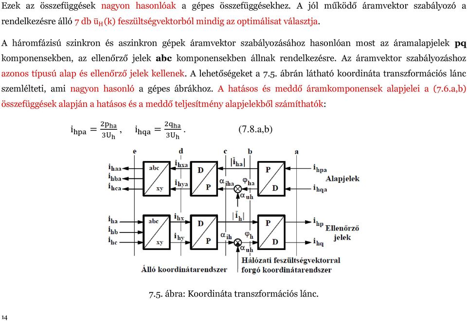 Az áramvektor szabályozáshoz azonos típusú alap és ellenőrző jelek kellenek. A lehetőségeket a 7.5. ábrán látható koordináta transzformációs lánc szemlélteti, ami nagyon hasonló a gépes ábrákhoz.