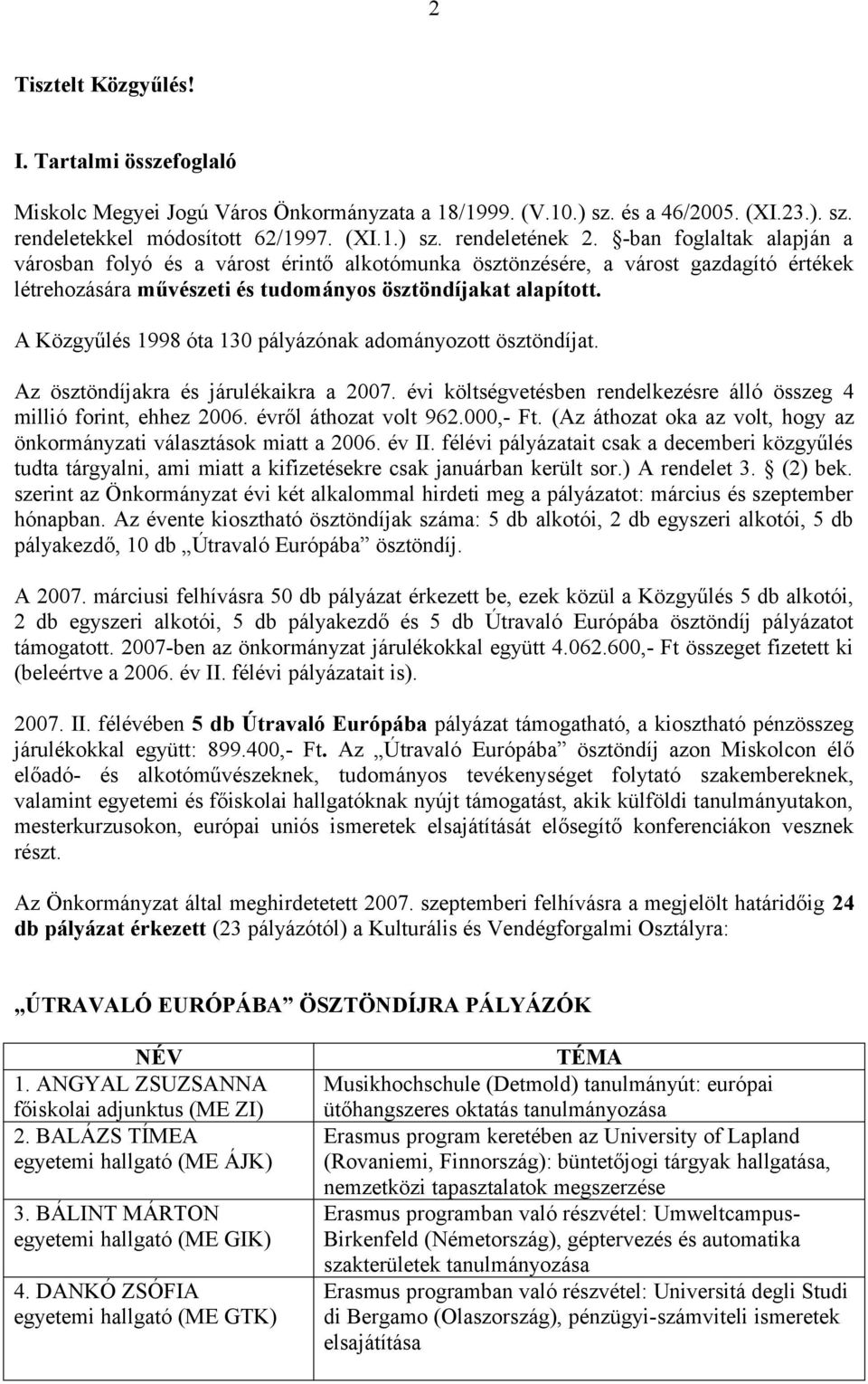 A Közgyűlés 1998 óta 130 pályázónak adományozott ösztöndíjat. Az ösztöndíjakra és járulékaikra a 2007. évi költségvetésben rendelkezésre álló összeg 4 millió forint, ehhez 2006.