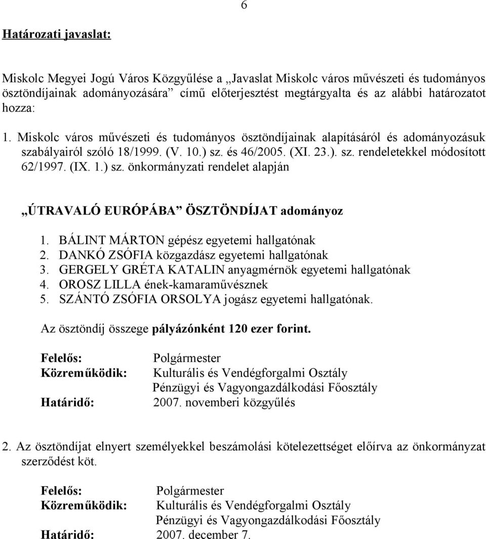 1.) sz. önkormányzati rendelet alapján ÚTRAVALÓ EURÓPÁBA ÖSZTÖNDÍJAT adományoz 1. BÁLINT MÁRTON gépész nak 2. DANKÓ ZSÓFIA közgazdász nak 3. GERGELY GRÉTA KATALIN anyagmérnök nak 4.