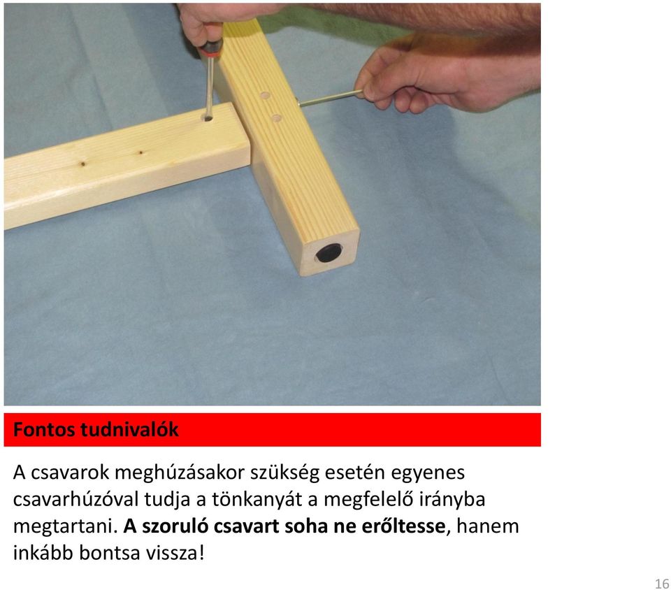 tönkanyát a megfelelő irányba megtartani.