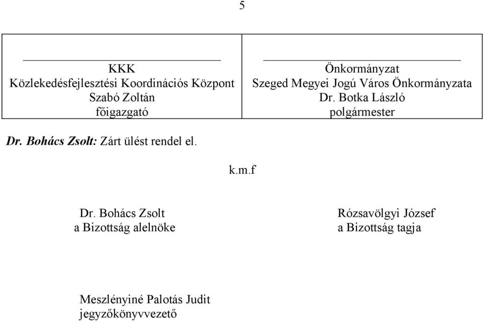 Botka László polgármester Dr. Bohács Zsolt: Zárt ülést rendel el. k.m.f Dr.