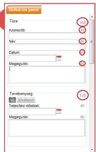 A karakterszámláló A Definíciós panel adatblokkjainak a jobb felső sarkában található globális számláló jelzi a felhasználható karakterek számát.