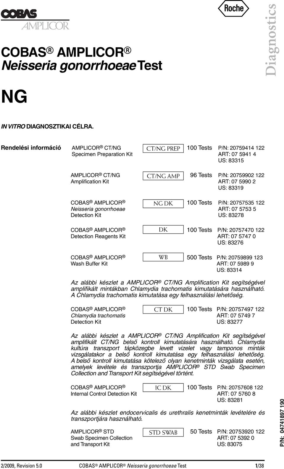 07 5990 2 US: 83319 COBAS AMPLICOR NG DK 100 Tests P/N: 20757535 122 Neisseria gonorrhoeae ART: 07 5753 5 Detection Kit US: 83278 COBAS AMPLICOR DK 100 Tests P/N: 20757470 122 Detection Reagents Kit