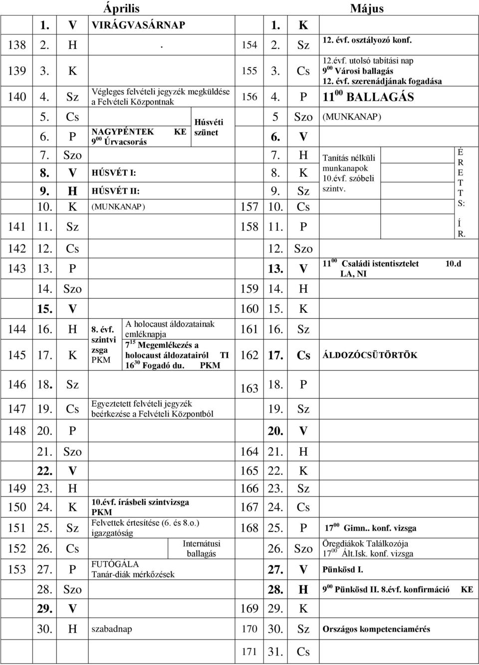 H anítás nélküli 8. V HÚSVÉ I: 8. K 9. H HÚSVÉ II: 9. Sz 10. K (MUNKANAP) 157 10. Cs 141 11. Sz 158 11. P 142 12. Cs 12. Szo 143 13. P 13. V 14. Szo 159 14. H 15. V 160 15. K 144 16. H 8. évf.