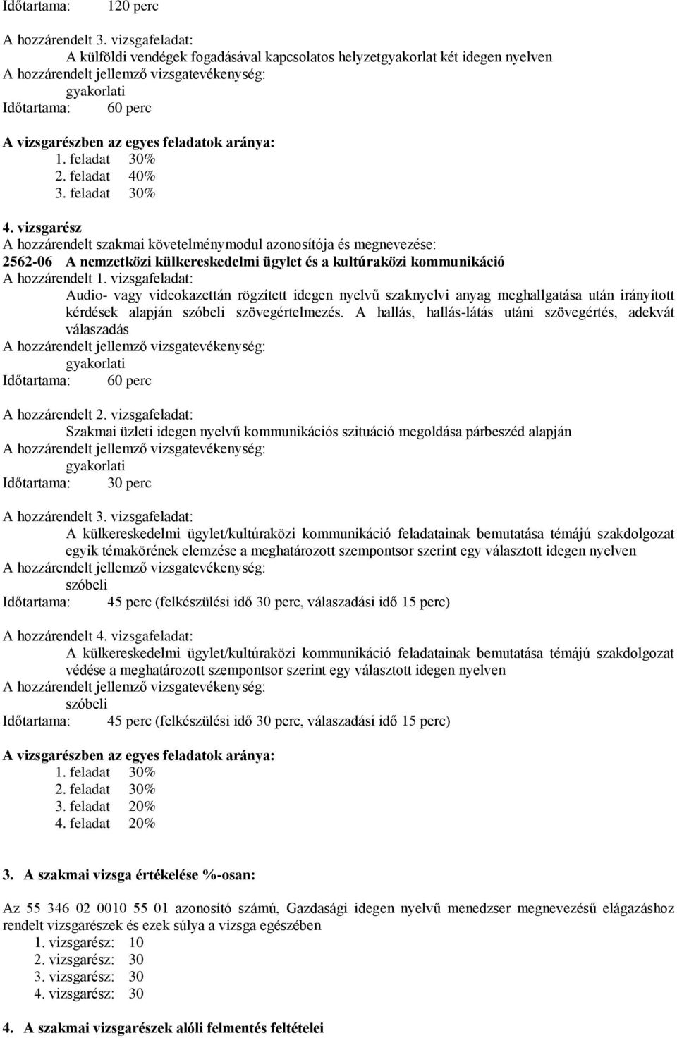 feladat 40% 3. feladat 30% 4. vizsgarész A hozzárendelt szakmai követelménymodul azonosítója és megnevezése: 2562-06 A nemzetközi külkereskedelmi ügylet és a kultúraközi kommunikáció A hozzárendelt 1.