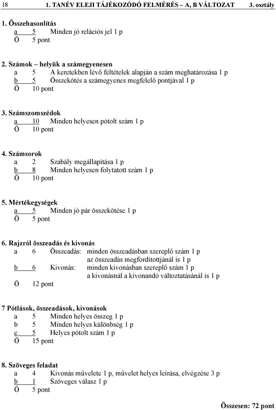 Számszomszédok a 10 Minden helyesen pótolt szám 1 p 4. Számsorok a 2 Szabály megállapítása 1 p b 8 Minden helyesen folytatott szám 1 p 5. Mértékegységek a 5 Minden jó pár összekötése 1 p 6.