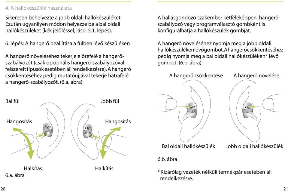 A hangerő csökkentéséhez pedig mutatóujjával tekerje hátrafelé a hangerő-szabályozót. (6.a. ábra) A hallásgondozó szakember kétféleképpen, hangerőszabályozó vagy programválasztó gombként is konfigurálhatja a hallókészülék gombját.
