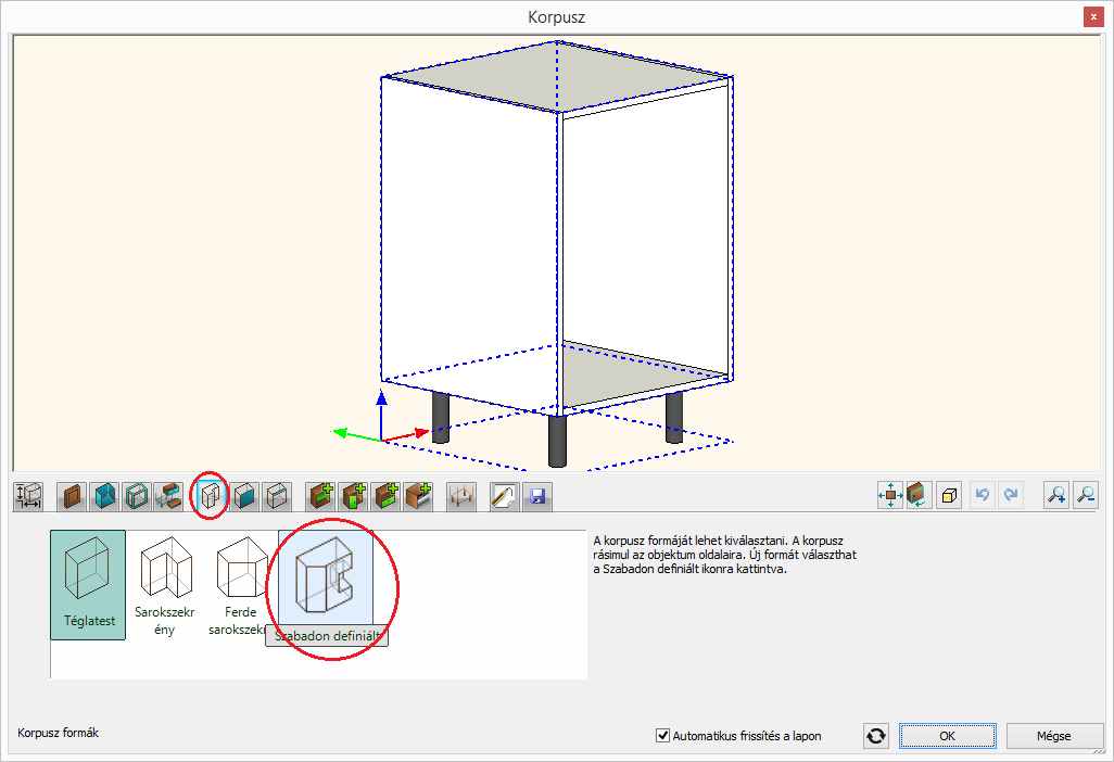 Egyedi alakú szekrény létrehozása Ezt a pontot teljes egészében kihagyhatja, ha a WS Custom wall cabinet -et az Objektumközpontból