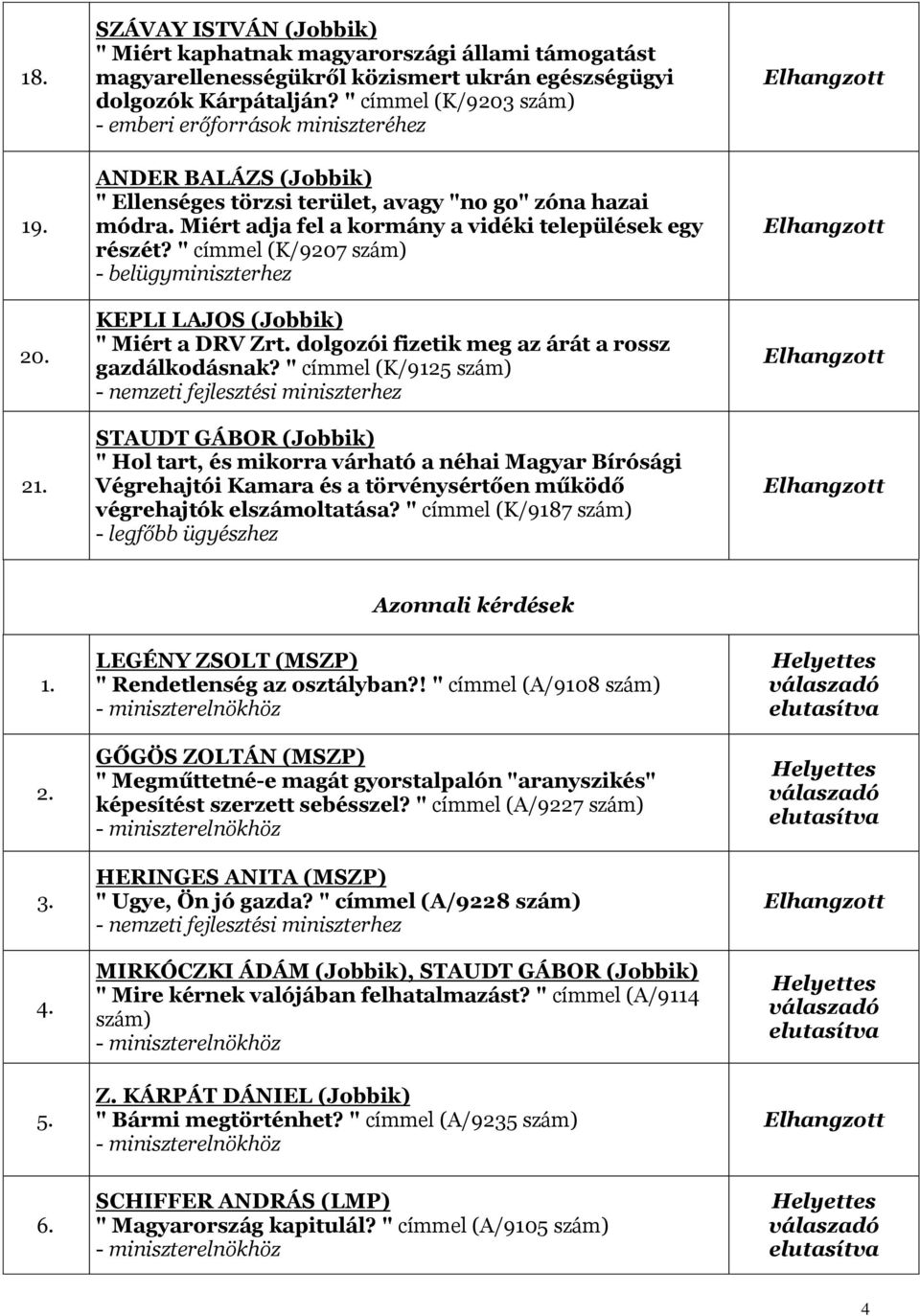 " címmel (K/9207 KEPLI LAJOS (Jobbik) " Miért a DRV Zrt. dolgozói fizetik meg az árát a rossz gazdálkodásnak?