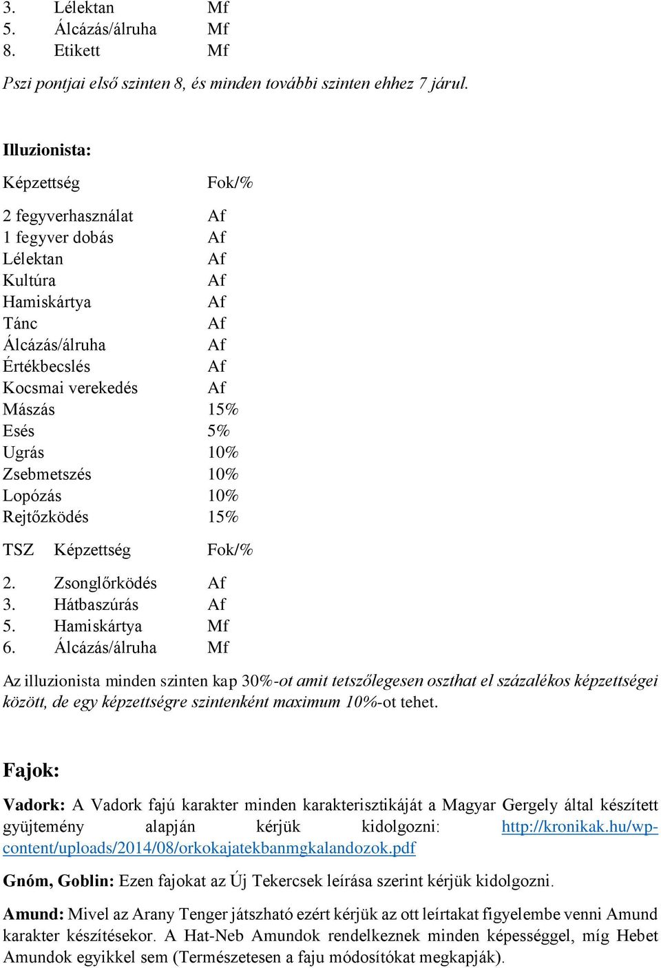 10% Rejtőzködés 15% TSZ Képzettség Fok/% 2. Zsonglőrködés 3. Hátbaszúrás 5. Hamiskártya Mf 6.