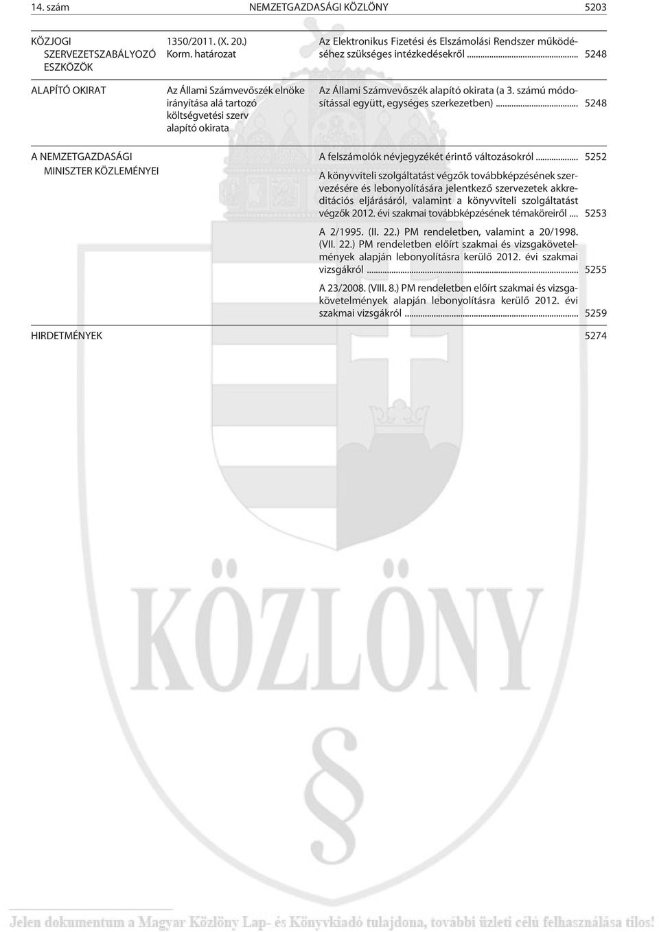 .. 5248 Az Állami Számvevõszék alapító okirata (a 3. számú módosítással együtt, egységes szerkezetben)... 5248 A NEMZETGAZDASÁGI A felszámolók névjegyzékét érintõ változásokról.