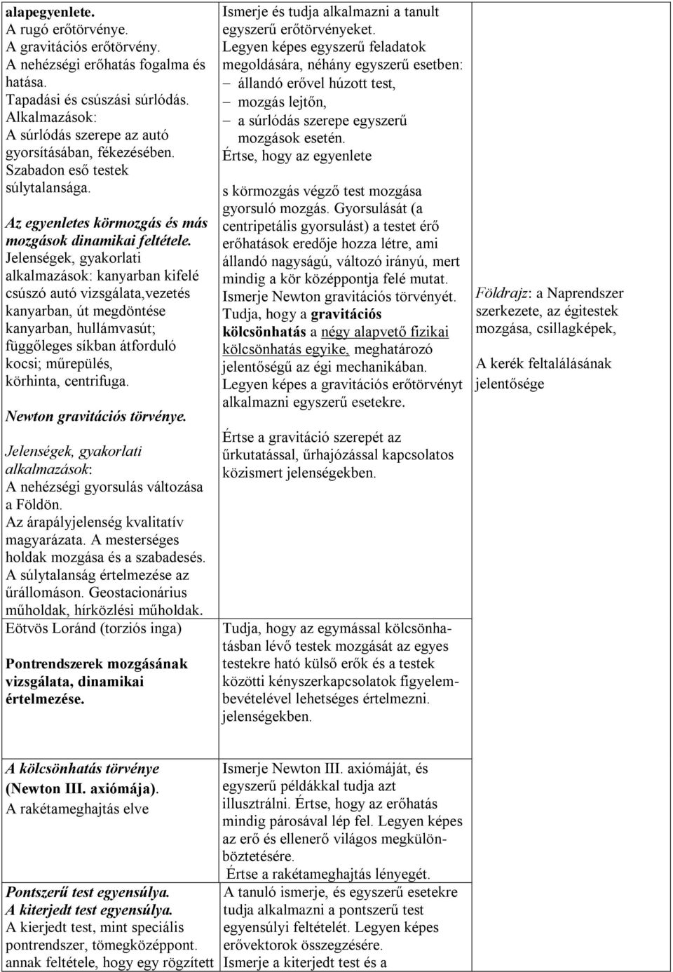 Jelenségek, gyakorlati alkalmazások: kanyarban kifelé csúszó autó vizsgálata,vezetés kanyarban, út megdöntése kanyarban, hullámvasút; függőleges síkban átforduló kocsi; műrepülés, körhinta,