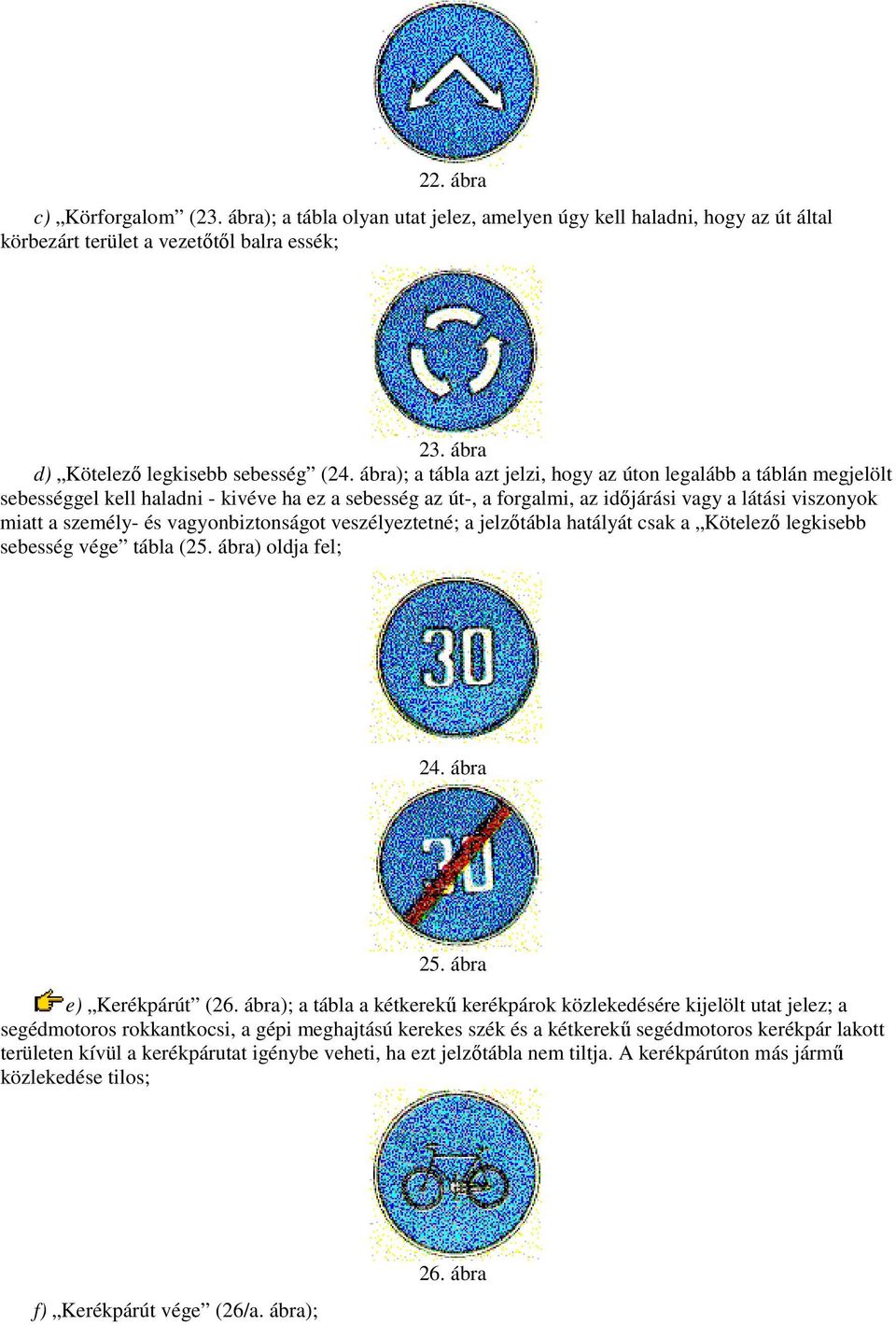 vagyonbiztonságot veszélyeztetné; a jelzıtábla hatályát csak a Kötelezı legkisebb sebesség vége tábla (25. ábra) oldja fel; 24. ábra 25. ábra e) Kerékpárút (26.