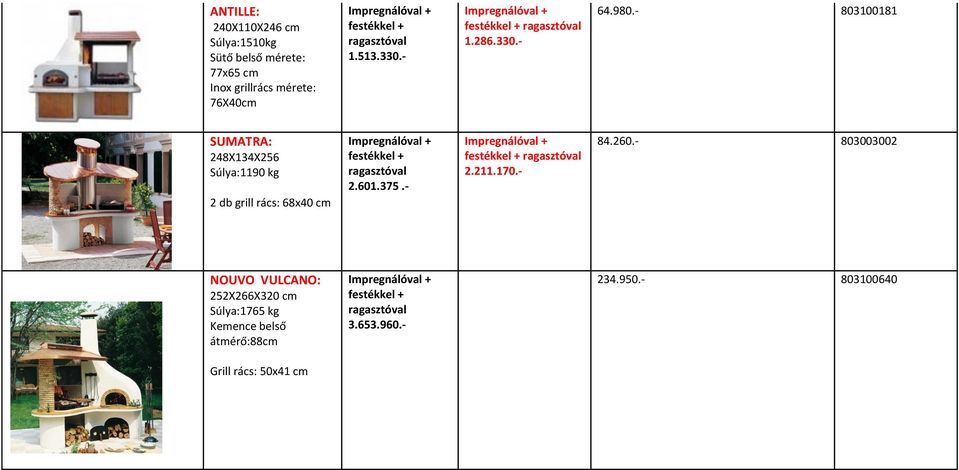 - 803100181 SUMATRA: 248X134X256 Súlya:1190 kg 2 db grill rács: 68x40 cm 2.601.375.- 2.211.