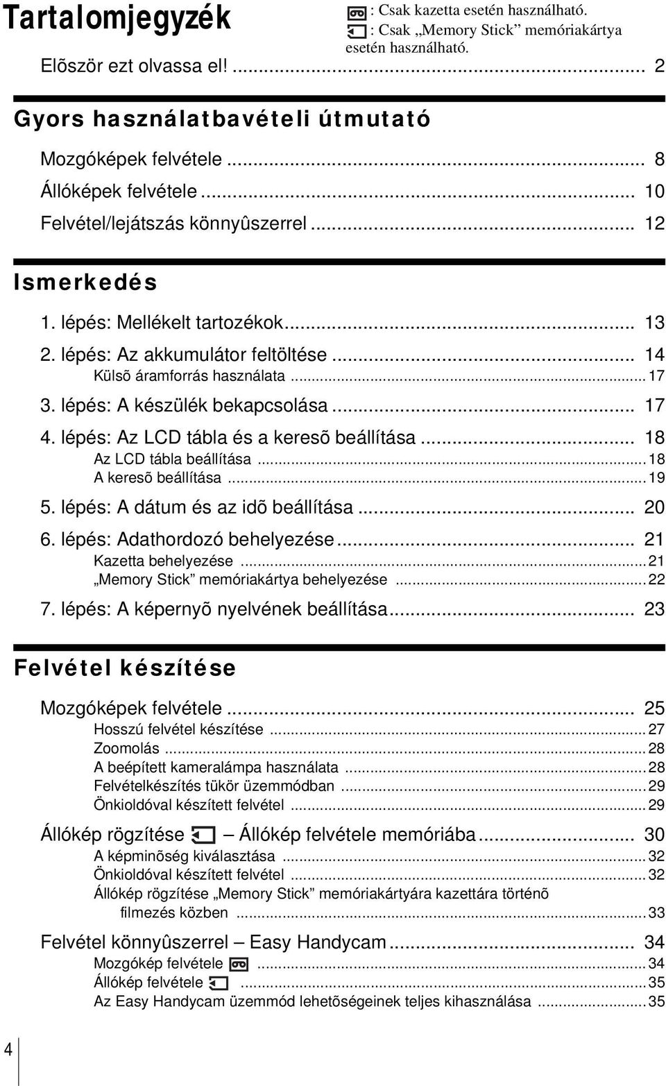 lépés: A készülék bekapcsolása... 17 4. lépés: Az LCD tábla és a keresõ beállítása... 18 Az LCD tábla beállítása...18 A keresõ beállítása...19 5. lépés: A dátum és az idõ beállítása... 20 6.