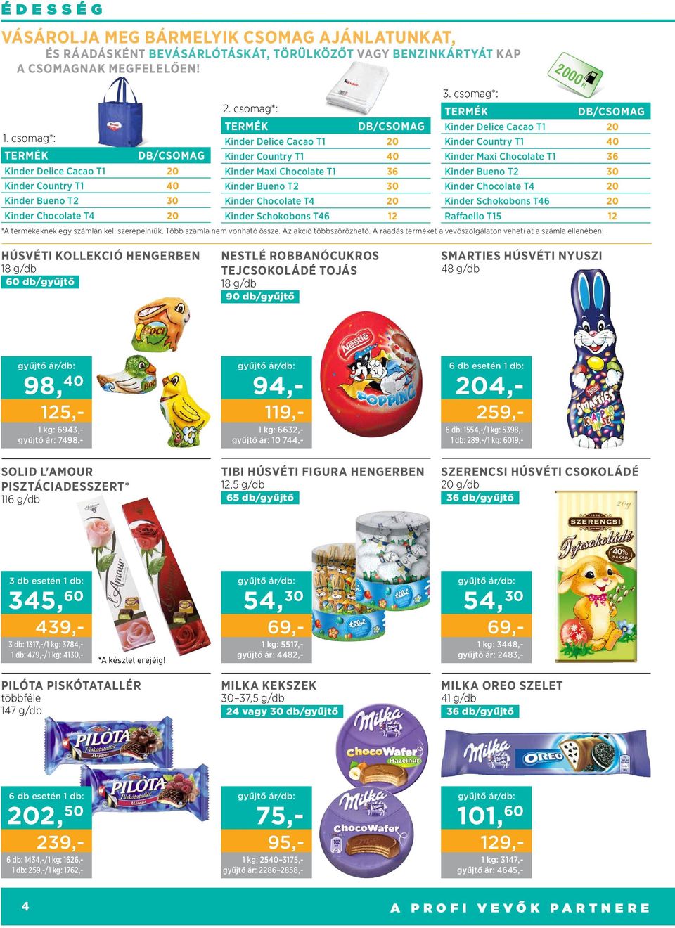 csomag*: Kinder Delice Cacao T1 20 Kinder Country T1 40 Termék db/csomag Kinder Country T1 40 Kinder Maxi Chocolate T1 36 Kinder Delice Cacao T1 20 Kinder Maxi Chocolate T1 36 Kinder Bueno T2 30