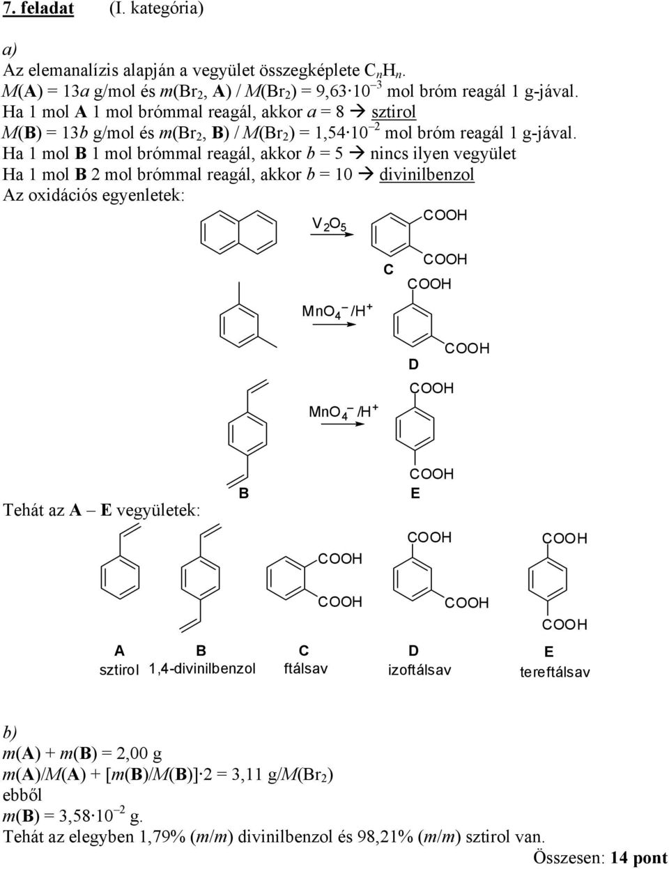 Ha 1 mol B 1 mol brómmal reagál, akkor b = 5 nincs ilyen vegyület Ha 1 mol B 2 mol brómmal reagál, akkor b = 10 divinilbenzol Az oxidációs egyenletek: V 2 O 5 MnO 4 /H MnO 4 /H C D Tehát