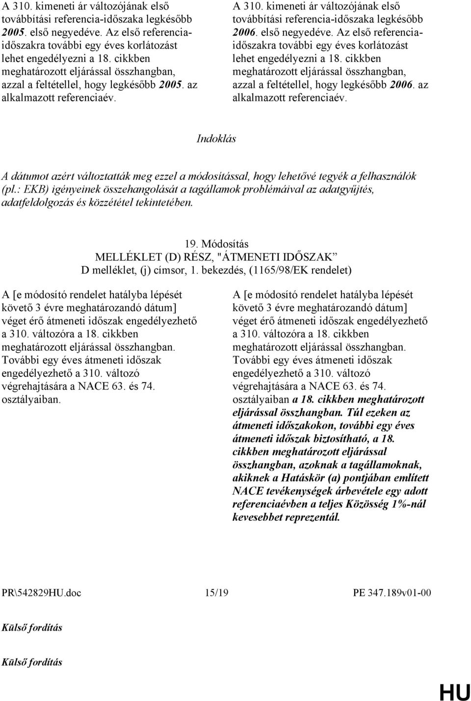 kimeneti ár változójának első továbbítási referencia-időszaka legkésőbb 2006. első negyedéve. Az első referenciaidőszakra további egy éves korlátozást lehet engedélyezni a 18.