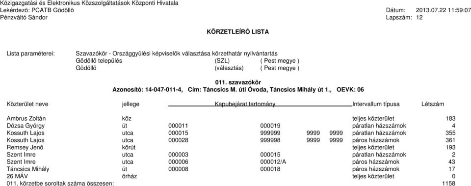 házszámok 355 Kossuth Lajos utca 000028 999998 9999 9999 páros házszámok 361 Remsey Jenõ körút teljes közterület 193 Szent Imre utca 000003 000015